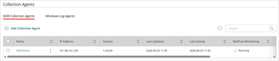 Screenshot of WatchGuard Cloud, the NDR Collection Agents page, Test Integration 1